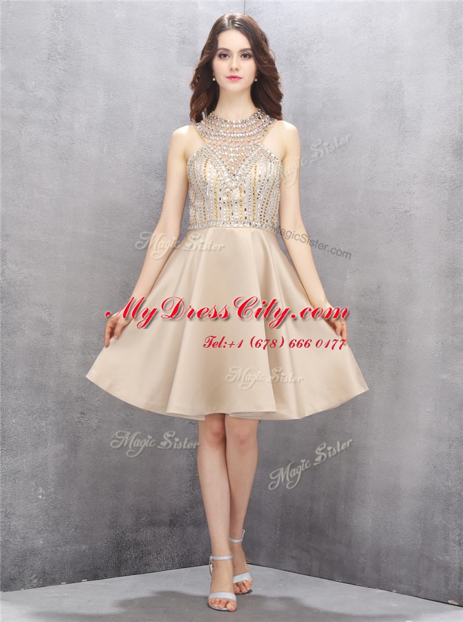 Champagne Dress for Prom Prom and Party and For with Beading High-neck Sleeveless Criss Cross