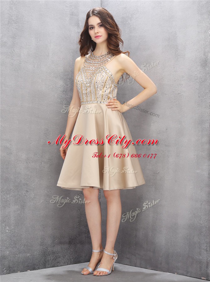 Champagne Dress for Prom Prom and Party and For with Beading High-neck Sleeveless Criss Cross