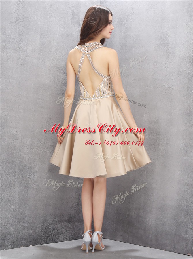 Champagne Dress for Prom Prom and Party and For with Beading High-neck Sleeveless Criss Cross