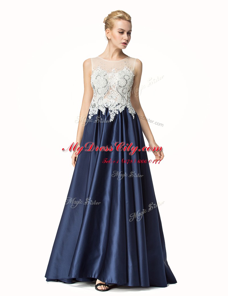 Decent Navy Blue Satin Side Zipper Prom Evening Gown Sleeveless Brush Train Beading and Lace