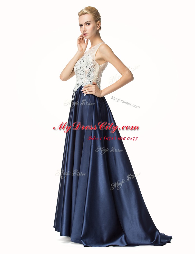 Decent Navy Blue Satin Side Zipper Prom Evening Gown Sleeveless Brush Train Beading and Lace