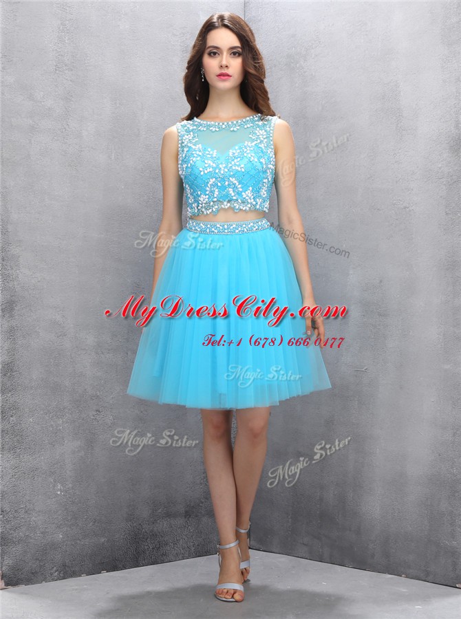 Eye-catching Scoop Sleeveless Knee Length Beading Backless Dress for Prom with Blue