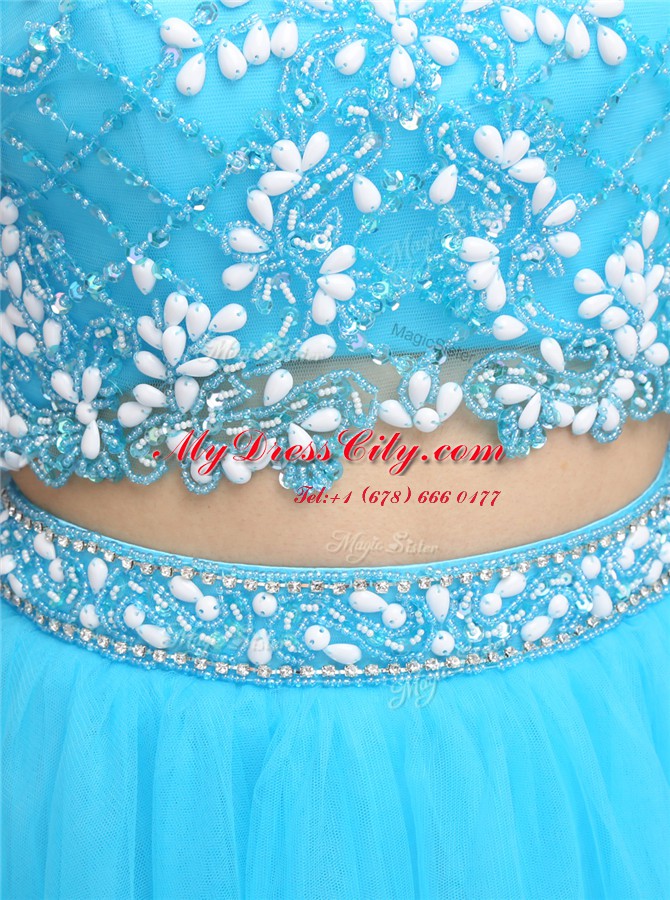 Eye-catching Scoop Sleeveless Knee Length Beading Backless Dress for Prom with Blue