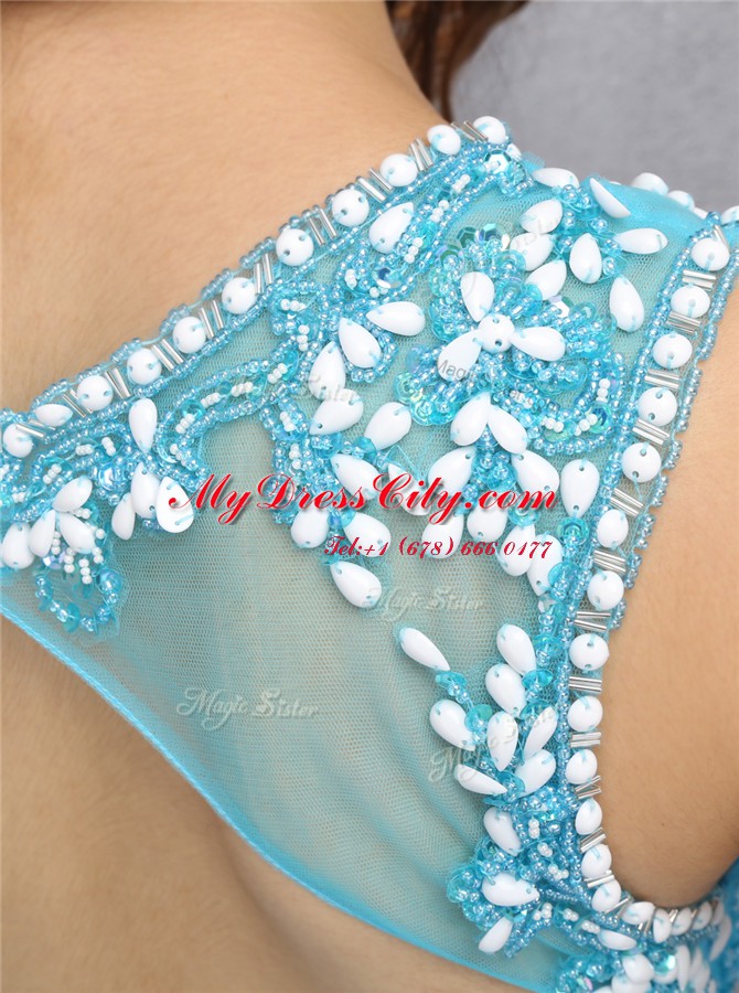 Eye-catching Scoop Sleeveless Knee Length Beading Backless Dress for Prom with Blue