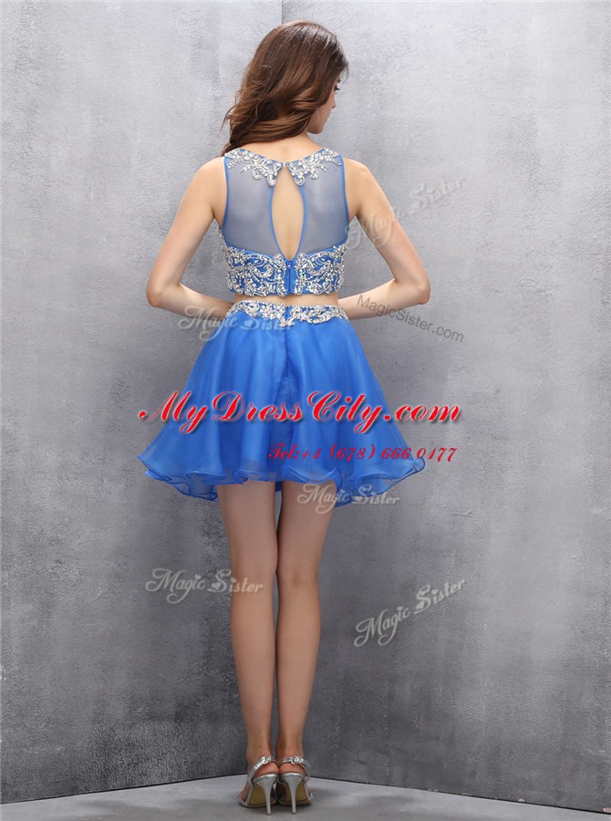 Sumptuous Blue Scoop Neckline Beading Cocktail Dress Sleeveless Zipper