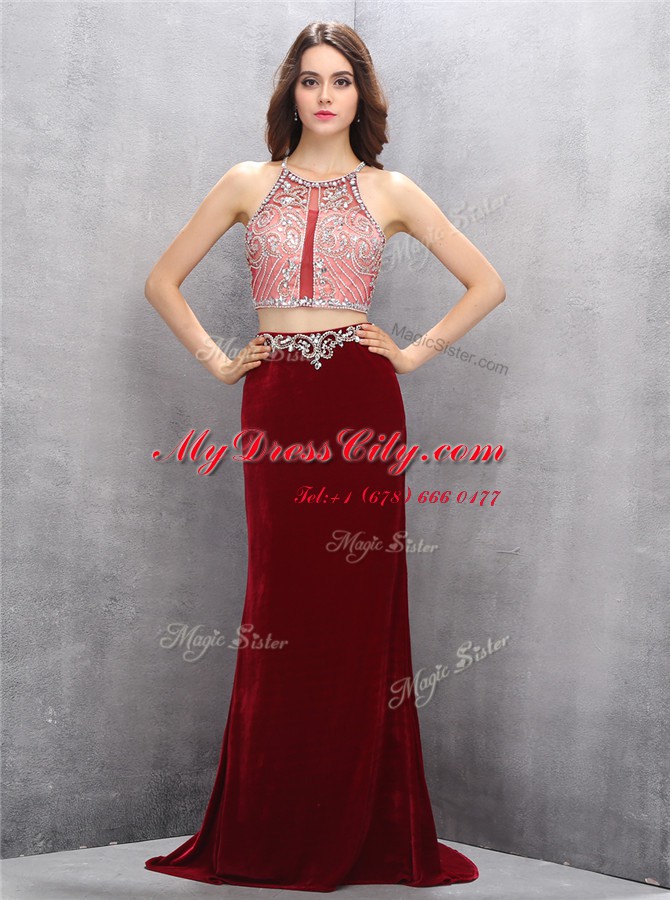 With Train Burgundy Prom Gown Scoop Sleeveless Sweep Train Criss Cross