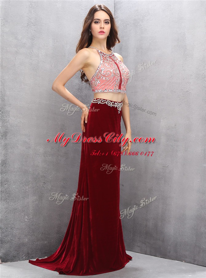 With Train Burgundy Prom Gown Scoop Sleeveless Sweep Train Criss Cross