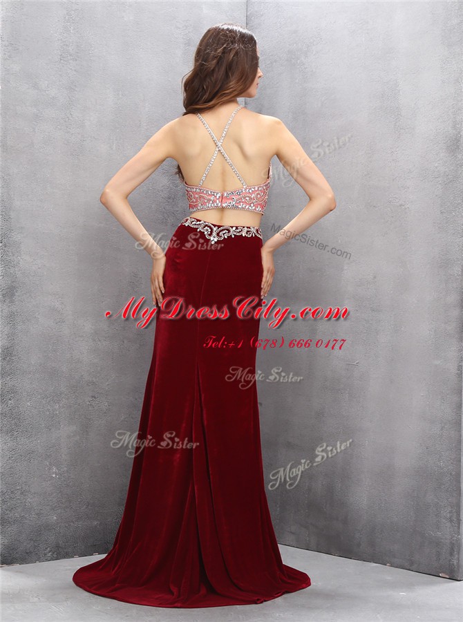 With Train Burgundy Prom Gown Scoop Sleeveless Sweep Train Criss Cross