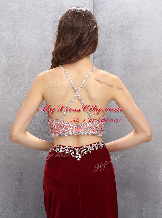 With Train Burgundy Prom Gown Scoop Sleeveless Sweep Train Criss Cross