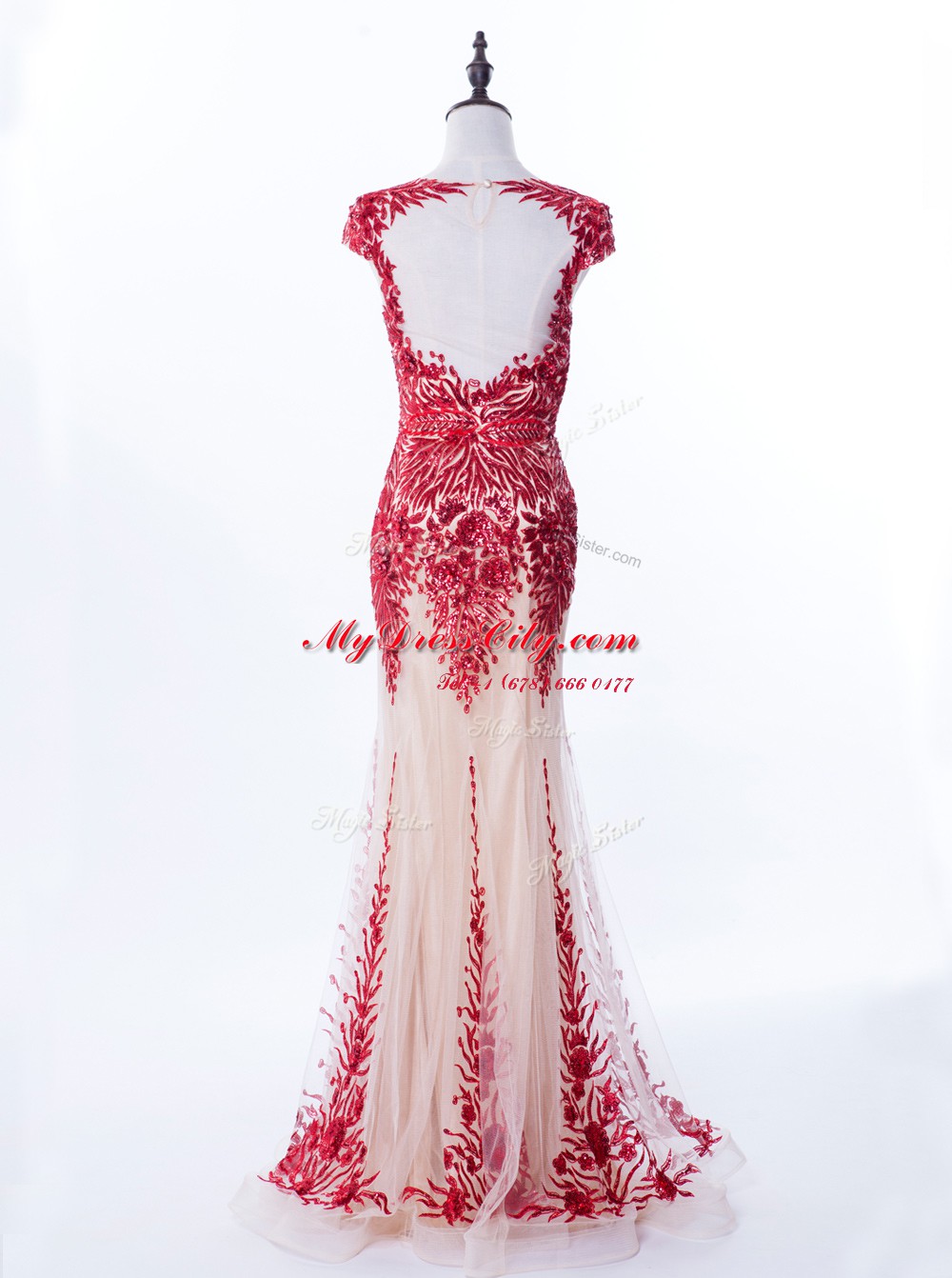 Custom Design Mermaid Scoop Red Backless Appliques Cap Sleeves Brush Train