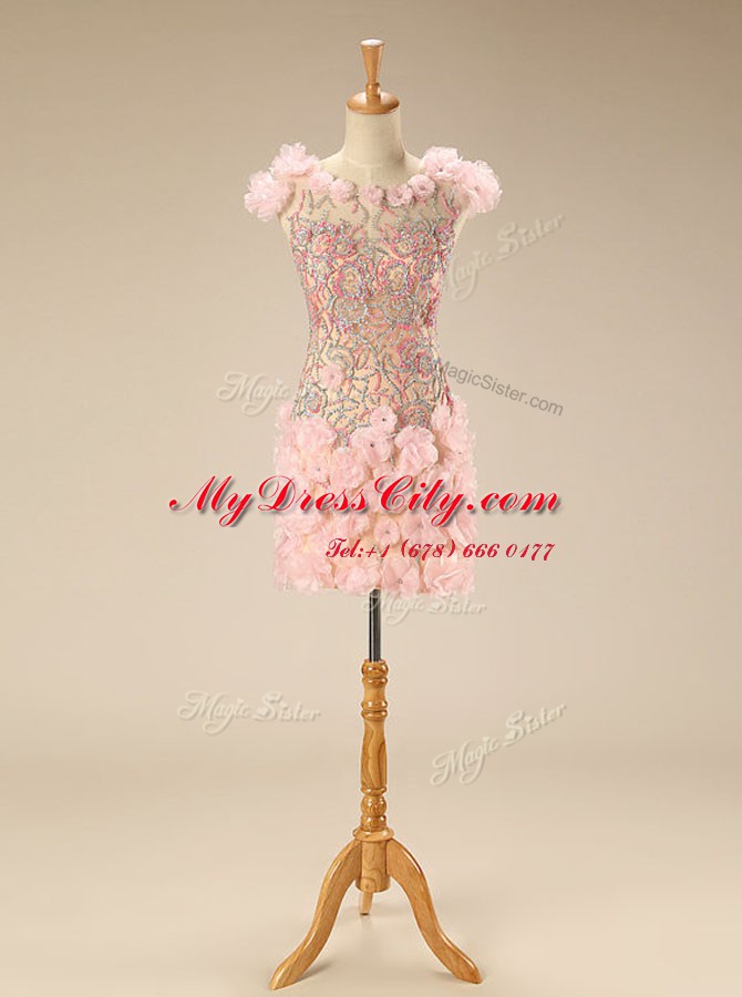 Excellent Scoop Pink Cap Sleeves Beading and Hand Made Flower Mini Length Prom Gown