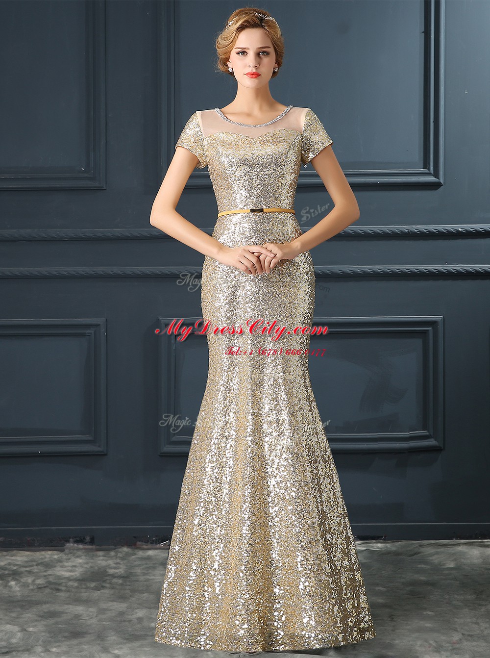 Noble Mermaid Sequins Floor Length Champagne Dress for Prom Scoop Cap Sleeves Zipper