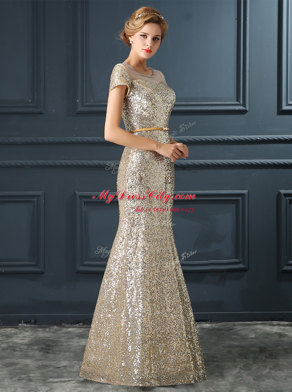 Noble Mermaid Sequins Floor Length Champagne Dress for Prom Scoop Cap Sleeves Zipper