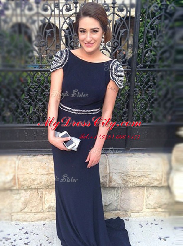 Chiffon Bateau Cap Sleeves Brush Train Zipper Beading Prom Evening Gown in Navy Blue