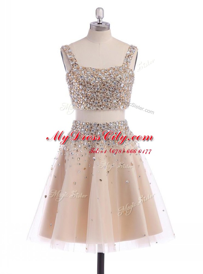 Attractive Straps Champagne Zipper Cocktail Dresses Beading Sleeveless Mini Length