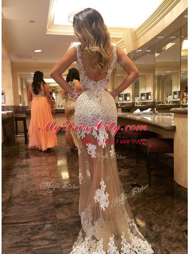 Custom Fit Mermaid Scoop Champagne Tulle Backless Prom Gown Sleeveless Court Train Appliques