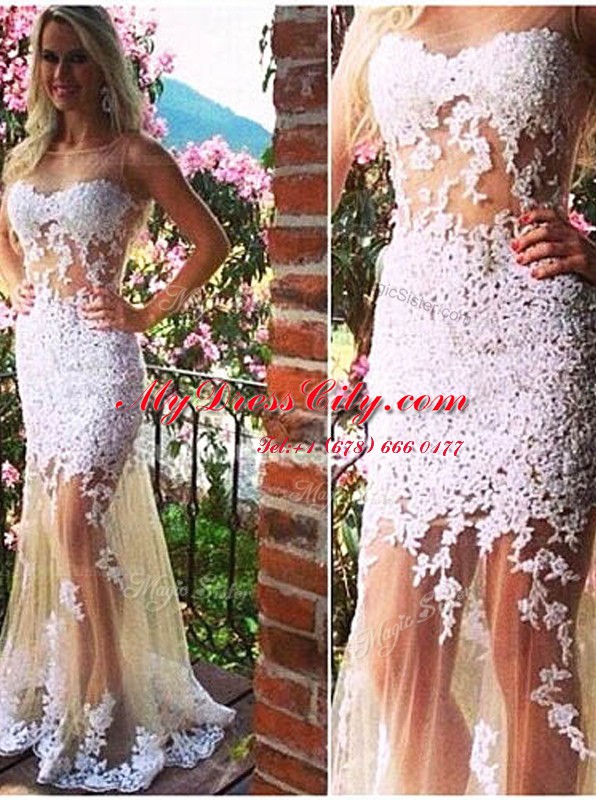 Custom Fit Mermaid Scoop Champagne Tulle Backless Prom Gown Sleeveless Court Train Appliques