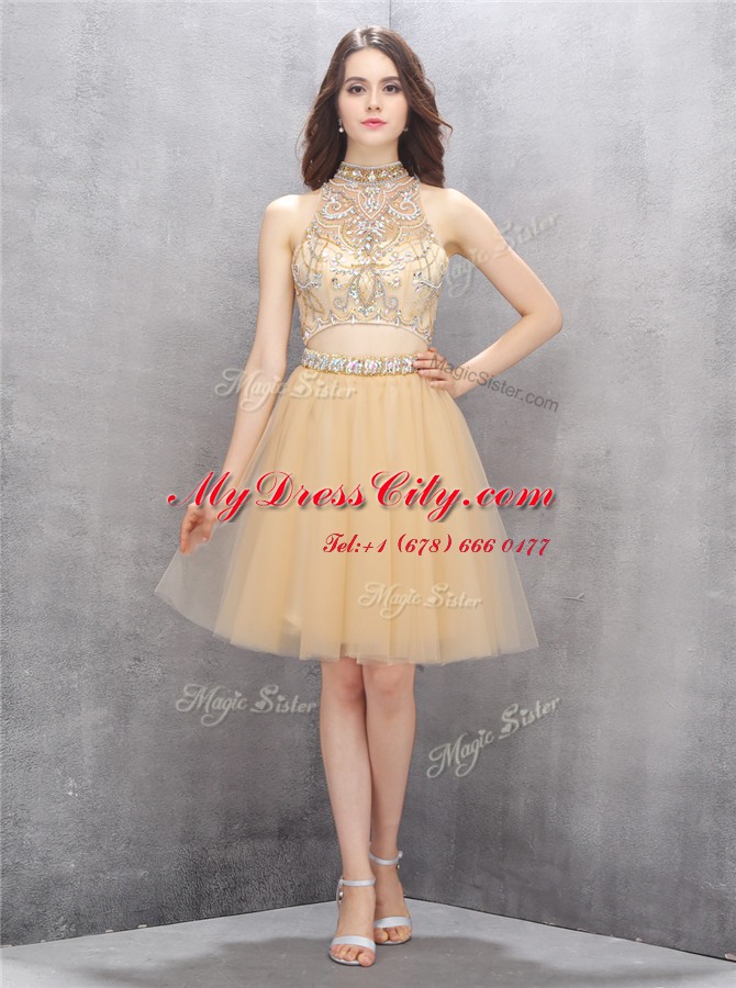 Champagne Tulle Zipper Cocktail Dress Sleeveless Knee Length Beading