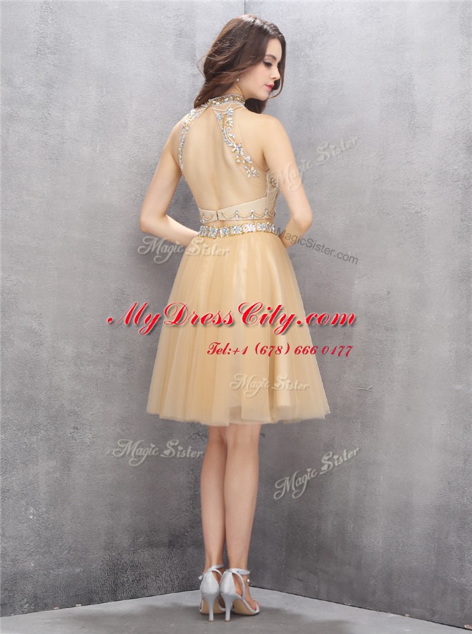 Champagne Tulle Zipper Cocktail Dress Sleeveless Knee Length Beading