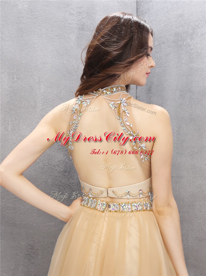 Champagne Tulle Zipper Cocktail Dress Sleeveless Knee Length Beading