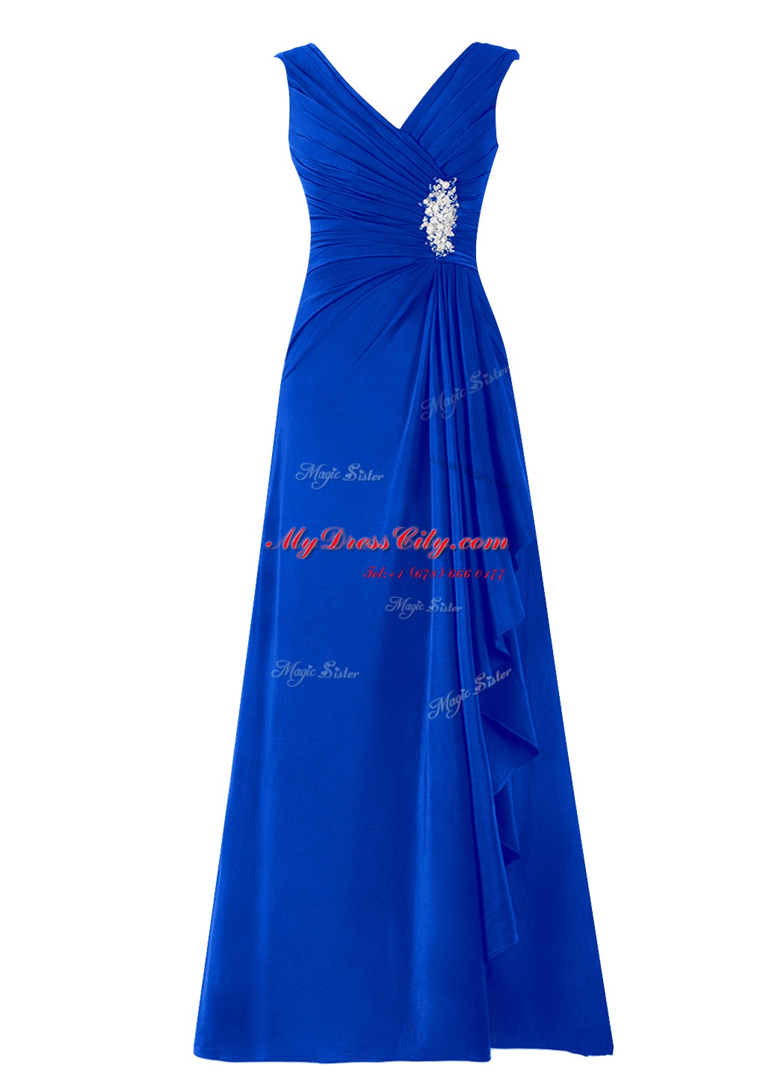 Enchanting A-line Prom Gown Royal Blue V-neck Chiffon Sleeveless Floor Length Zipper