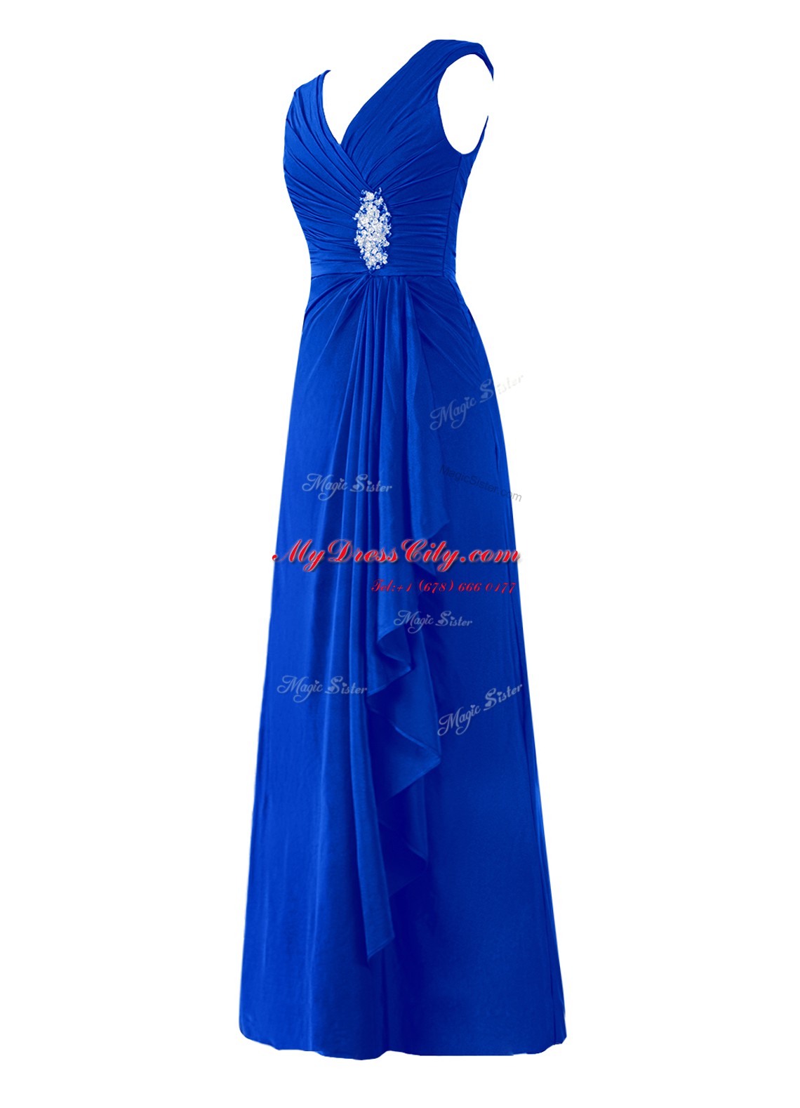 Enchanting A-line Prom Gown Royal Blue V-neck Chiffon Sleeveless Floor Length Zipper