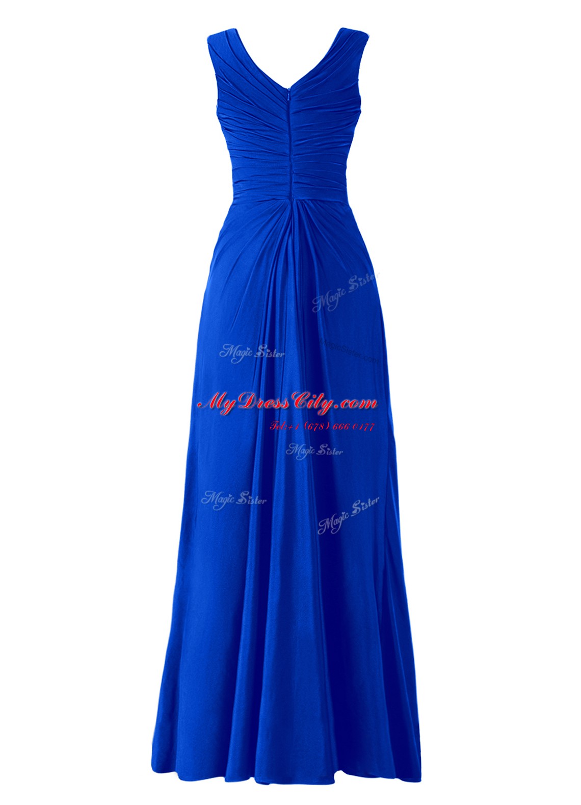 Enchanting A-line Prom Gown Royal Blue V-neck Chiffon Sleeveless Floor Length Zipper