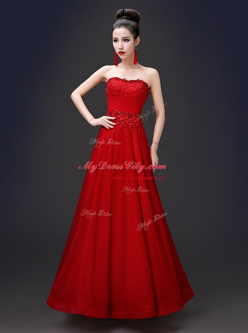 Beauteous Floor Length Lace Up Prom Evening Gown Red for Prom and Party with Beading and Appliques