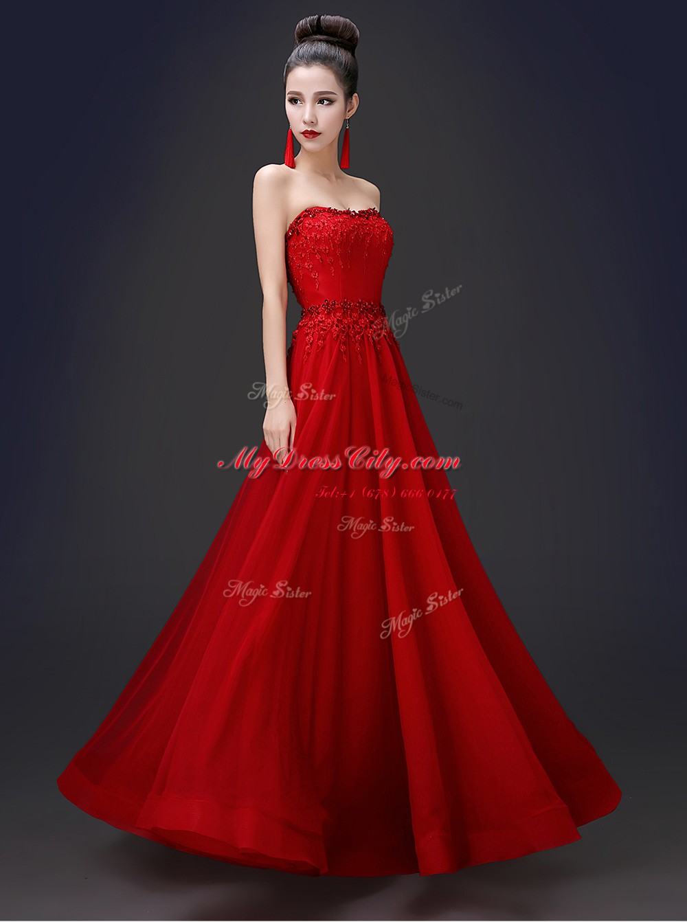 Beauteous Floor Length Lace Up Prom Evening Gown Red for Prom and Party with Beading and Appliques