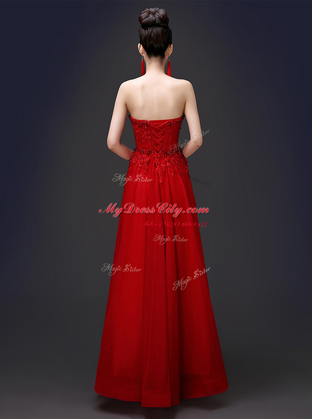 Beauteous Floor Length Lace Up Prom Evening Gown Red for Prom and Party with Beading and Appliques