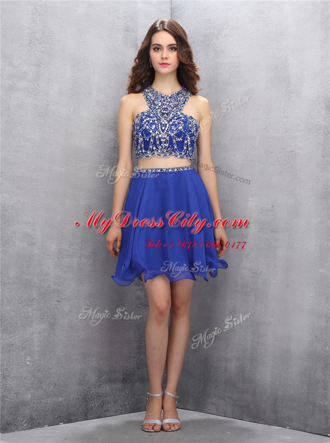 Scoop Criss Cross Royal Blue Sleeveless Beading Knee Length Prom Dresses