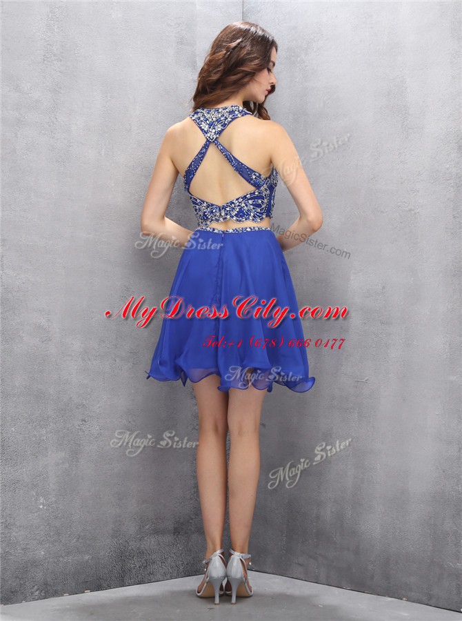 Scoop Criss Cross Royal Blue Sleeveless Beading Knee Length Prom Dresses