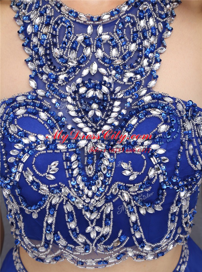 Scoop Criss Cross Royal Blue Sleeveless Beading Knee Length Prom Dresses