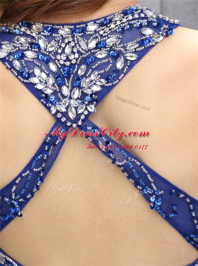 Scoop Criss Cross Royal Blue Sleeveless Beading Knee Length Prom Dresses