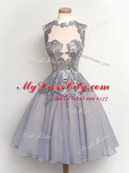 Colorful Grey A-line Scalloped Cap Sleeves Chiffon Knee Length Zipper Appliques Prom Evening Gown