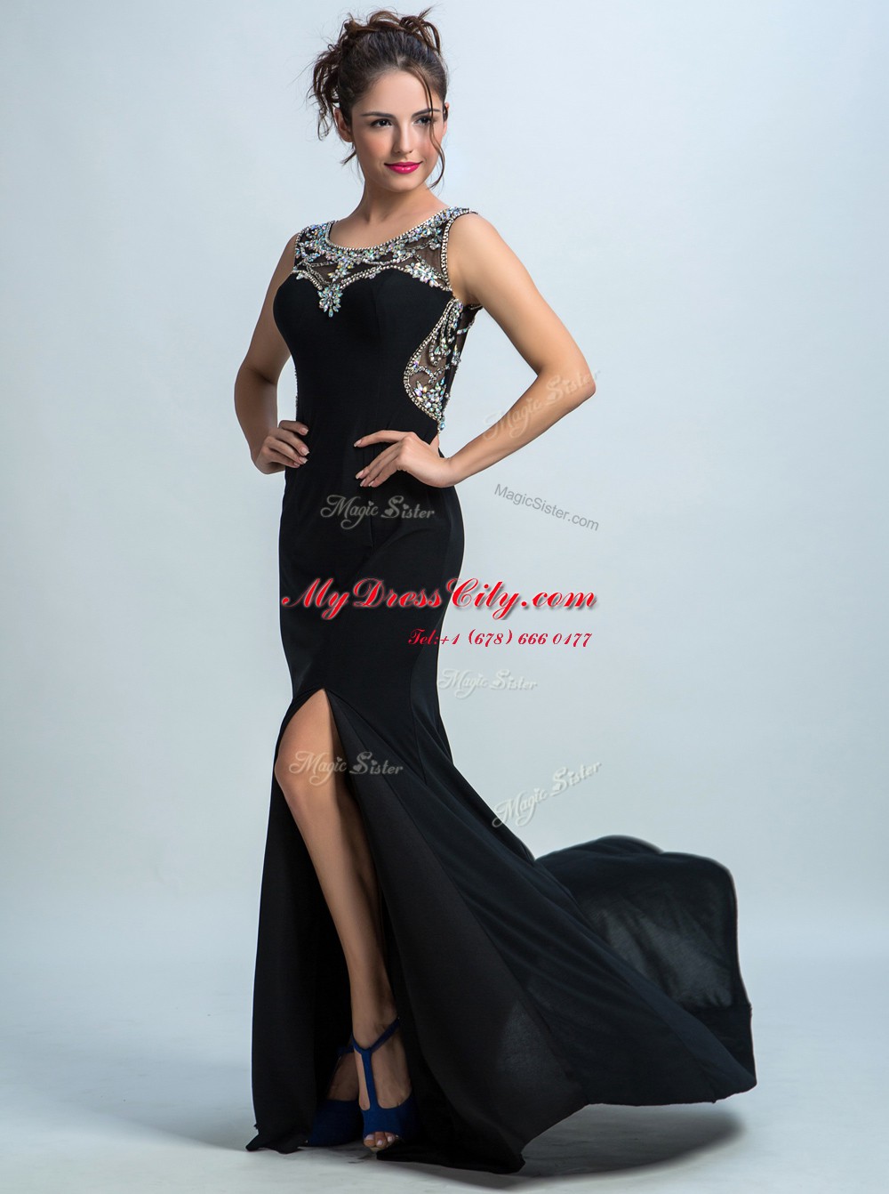 Fine Mermaid Scoop With Train Zipper Dress for Prom Black for Prom and Party with Beading Brush Train