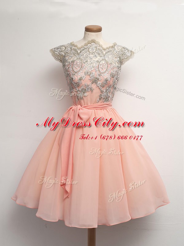 Scalloped Peach Zipper Dress for Prom Appliques Cap Sleeves Knee Length