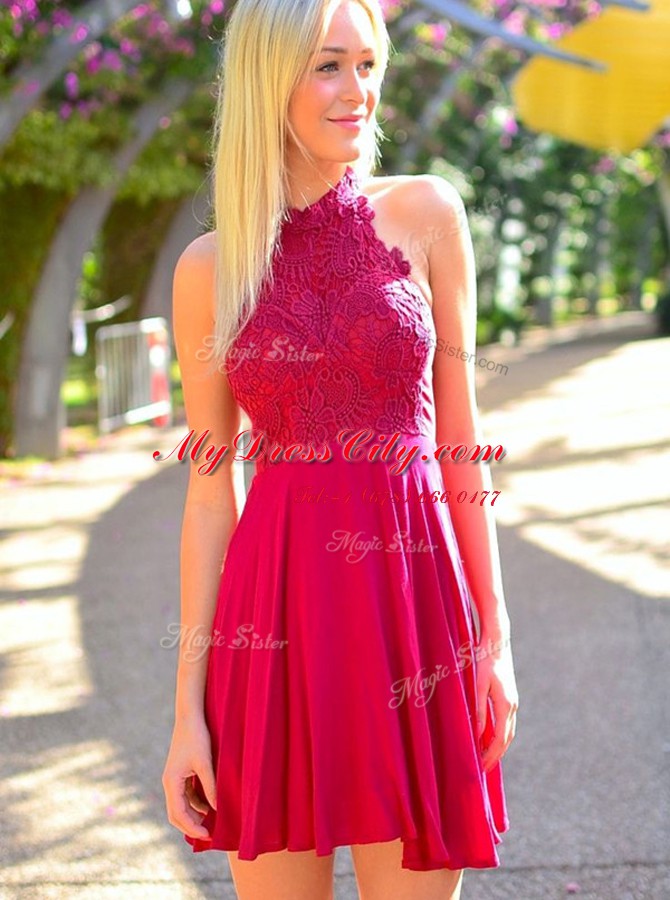 Halter Top Sleeveless Zipper Mini Length Appliques Prom Party Dress