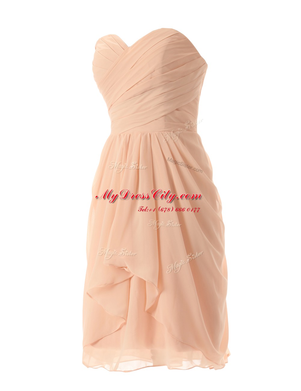 Affordable Sweetheart Sleeveless Dress for Prom Knee Length Ruffles Peach Chiffon