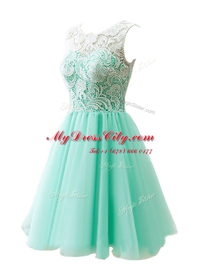 Apple Green Tulle Clasp Handle Scoop Sleeveless Knee Length Dress for Prom Lace