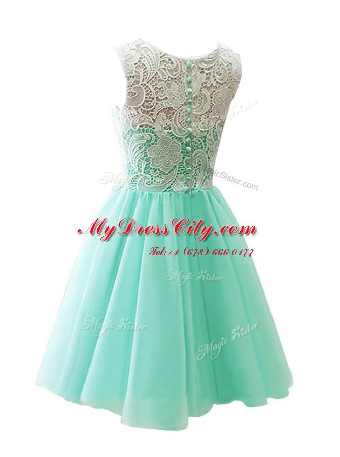 Apple Green Tulle Clasp Handle Scoop Sleeveless Knee Length Dress for Prom Lace