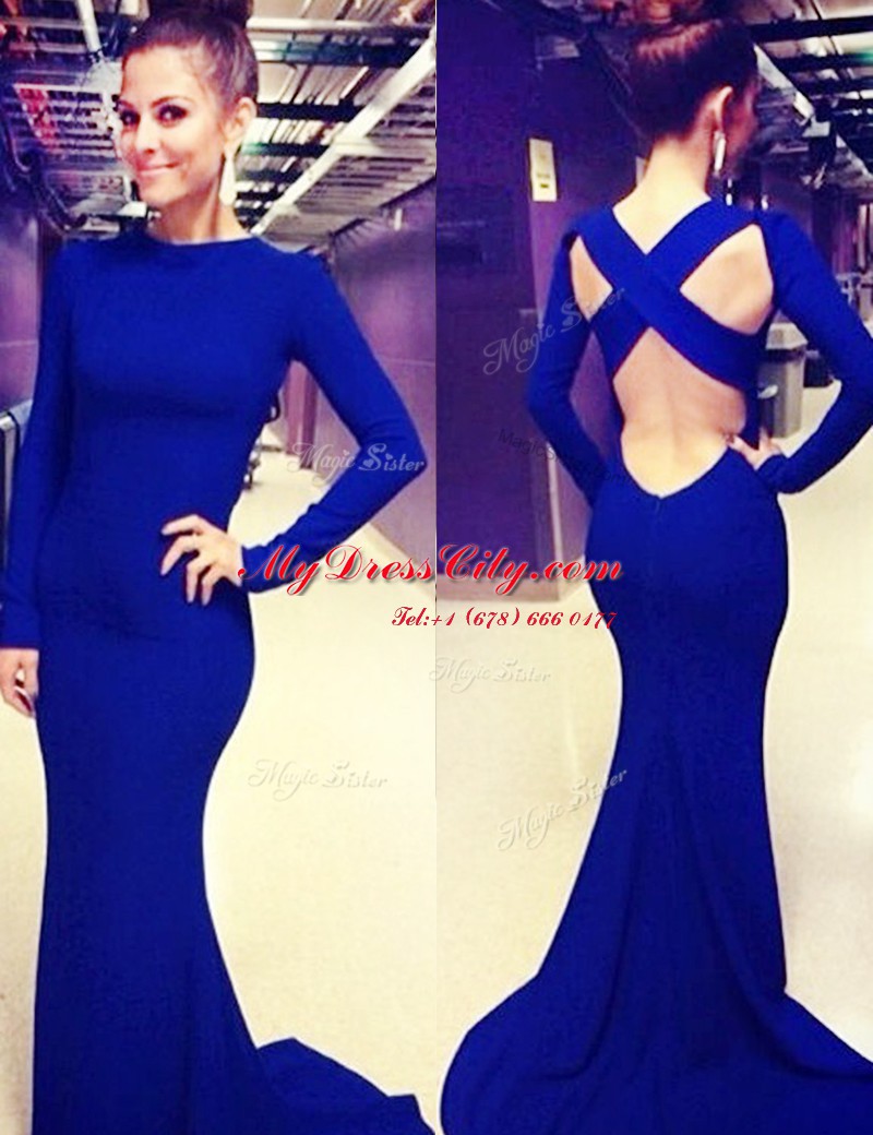 Cute Royal Blue Mermaid Scoop Long Sleeves Elastic Woven Satin Brush Train Criss Cross Ruching Prom Dresses