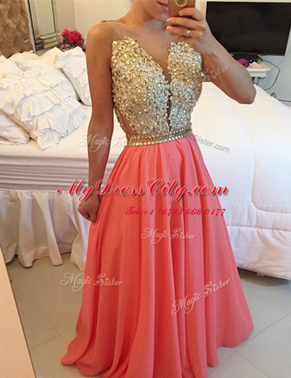 Watermelon Red A-line V-neck Sleeveless Chiffon Floor Length Backless Beading and Appliques Dress for Prom