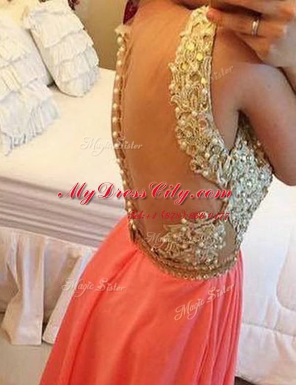 Watermelon Red A-line V-neck Sleeveless Chiffon Floor Length Backless Beading and Appliques Dress for Prom