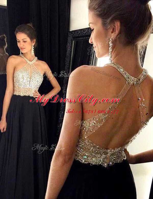 Amazing Scoop Sleeveless Prom Dresses Floor Length Beading Black Chiffon