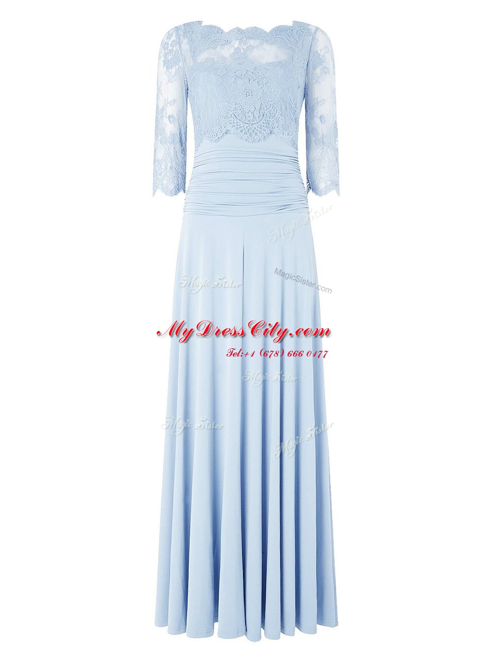 Lace Prom Evening Gown Light Blue Zipper 3 4 Length Sleeve Floor Length