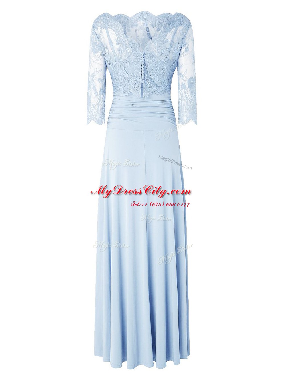 Lace Prom Evening Gown Light Blue Zipper 3 4 Length Sleeve Floor Length