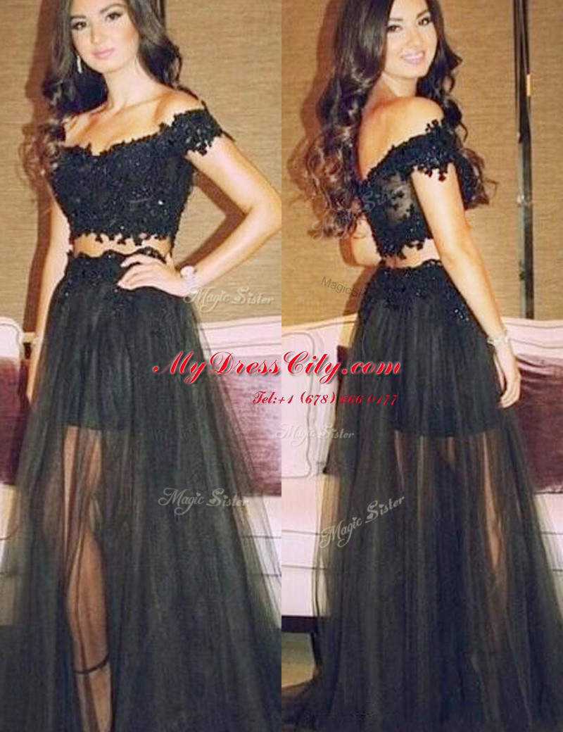 Hot Sale Off The Shoulder Sleeveless Zipper Prom Dresses Black Lace