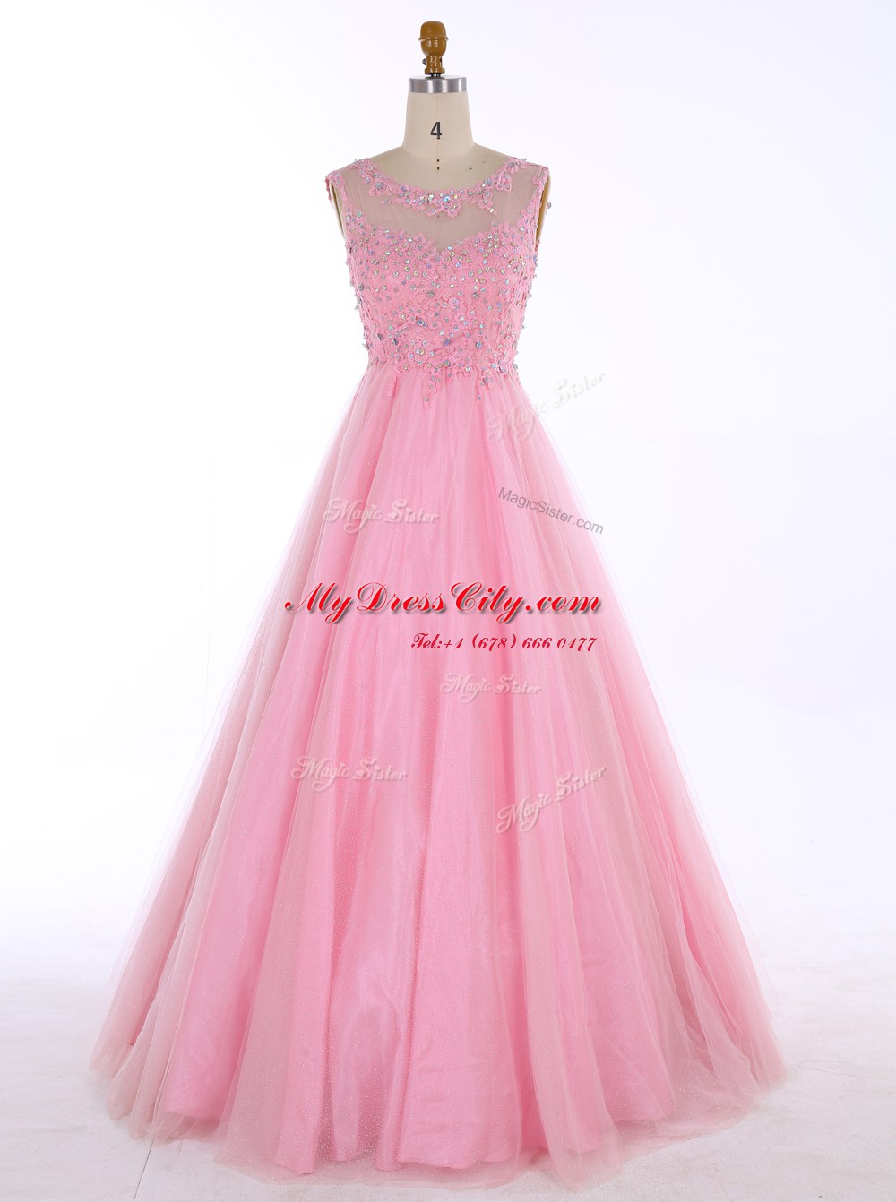 Custom Design Satin Scoop Sleeveless Backless Beading and Appliques Prom Dress in Baby Pink