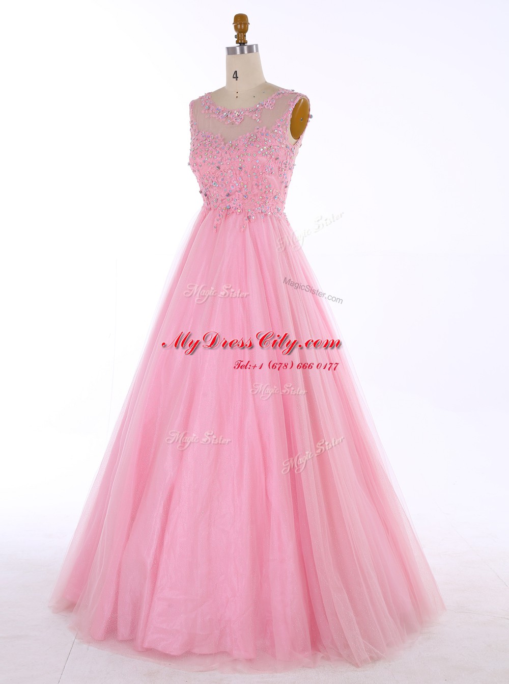 Custom Design Satin Scoop Sleeveless Backless Beading and Appliques Prom Dress in Baby Pink